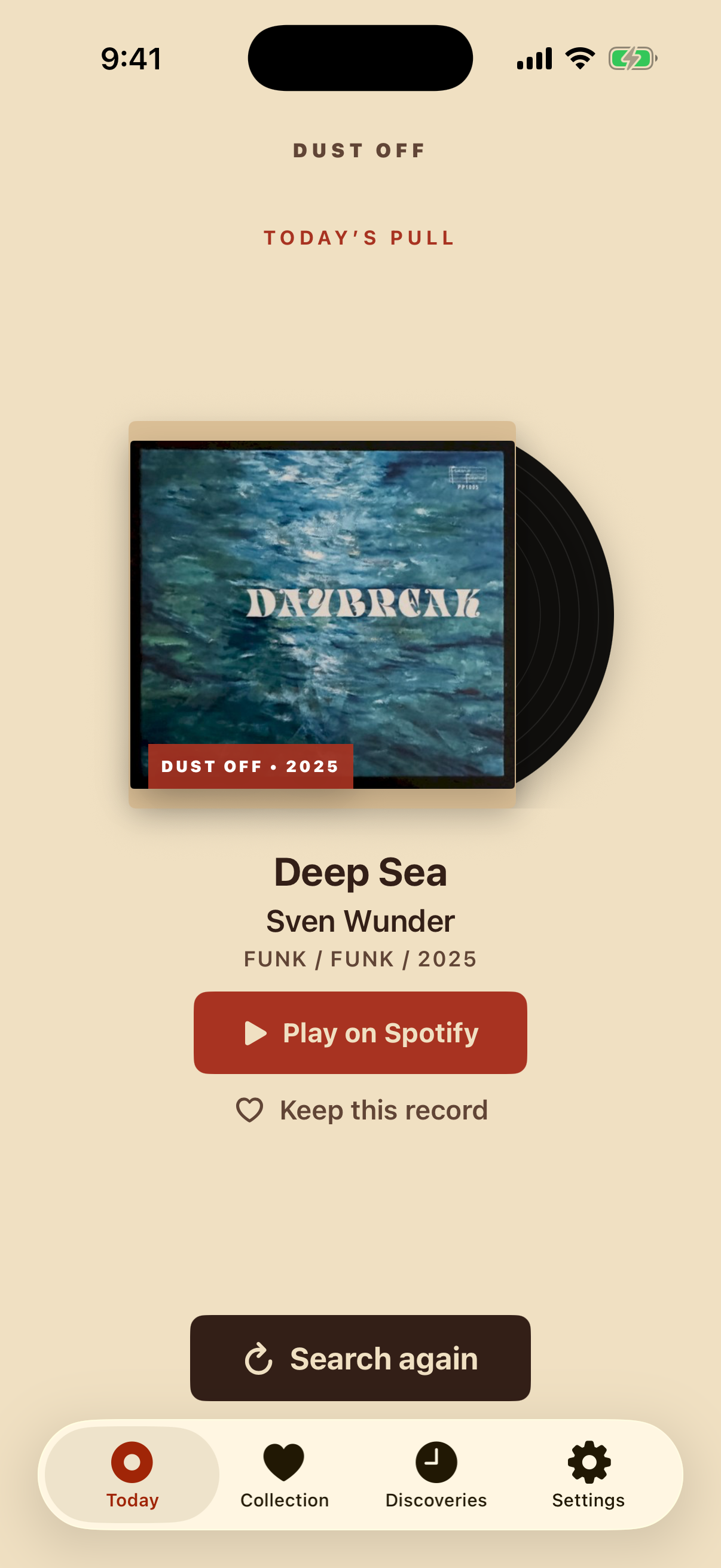 Dust Off’s Today screen with a music recommendation and listening controls